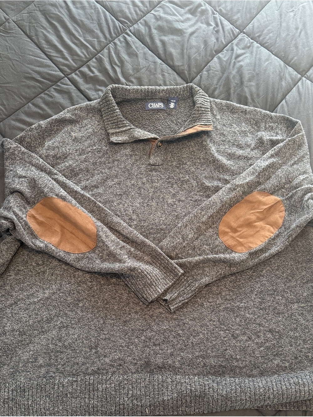 Chaps Men's Gray Zip-Up Sweater with Tan Elbow Patches